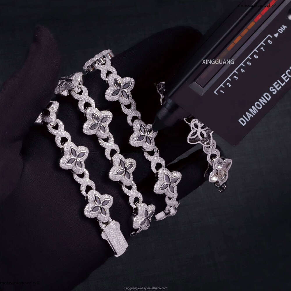 Fashion Black Dia Marquise Cut Moissanite Clover Charms Infinity Links Sterling Sier Cuban Link Chain Jewelry