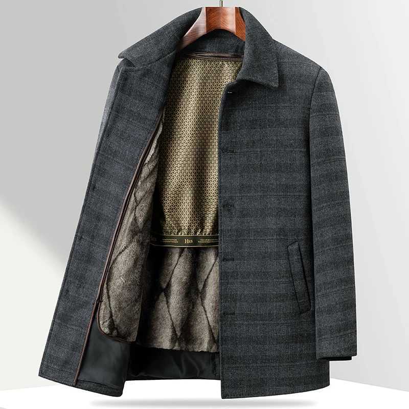 Mens Gray Plaid Fleece Liner Woolen Coats 2025 Winter Business Casual Thick Warm Wool Windbreaker Jacket Outerwear Plush Overcoat XJ250809