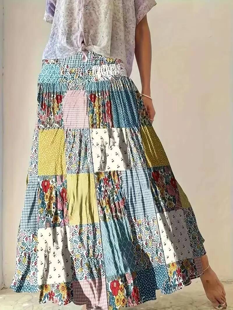 2025 Summer fashion New Women's Printed Splicing Women's Fashion Flower High Waist Skirt Long Skirt New Designer