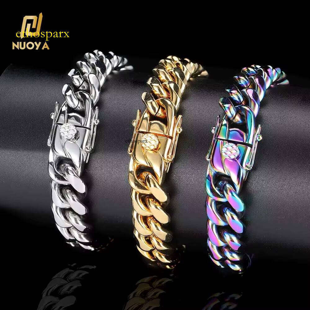 NUOYA 10mm Stainless Steel Link Unisex Gold Plated Hip Hop Cuban Chain Bracelet for Men and Women Party Gift