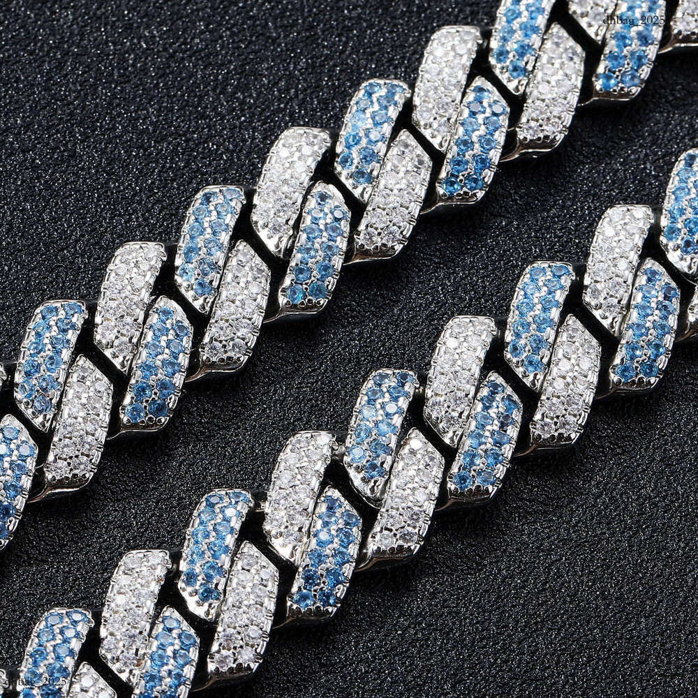 14mm Bar-Shaped Dia Dense with Blue and White Moissanite chain for Men Hip-Hop Cuban Chain Necklace