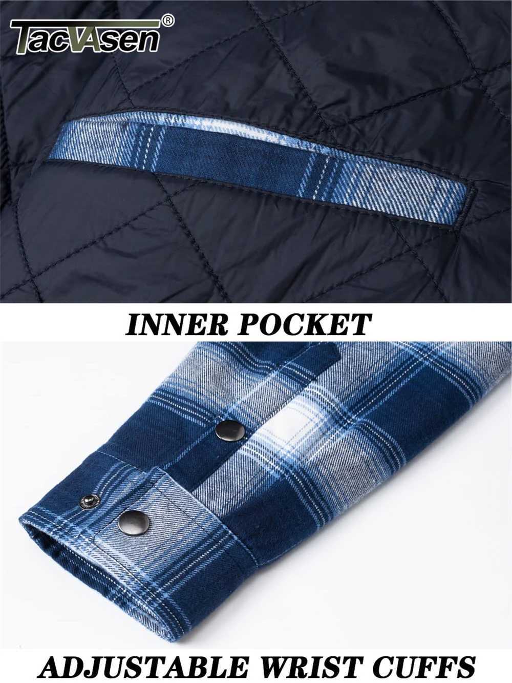 TACVASEN Winter Plaid Cotton Jackets Mens Long Sleeve Quilted Lined Flannel Shirt Jacket Multi-Pockets Outwear Hiking Coats Tops W250809