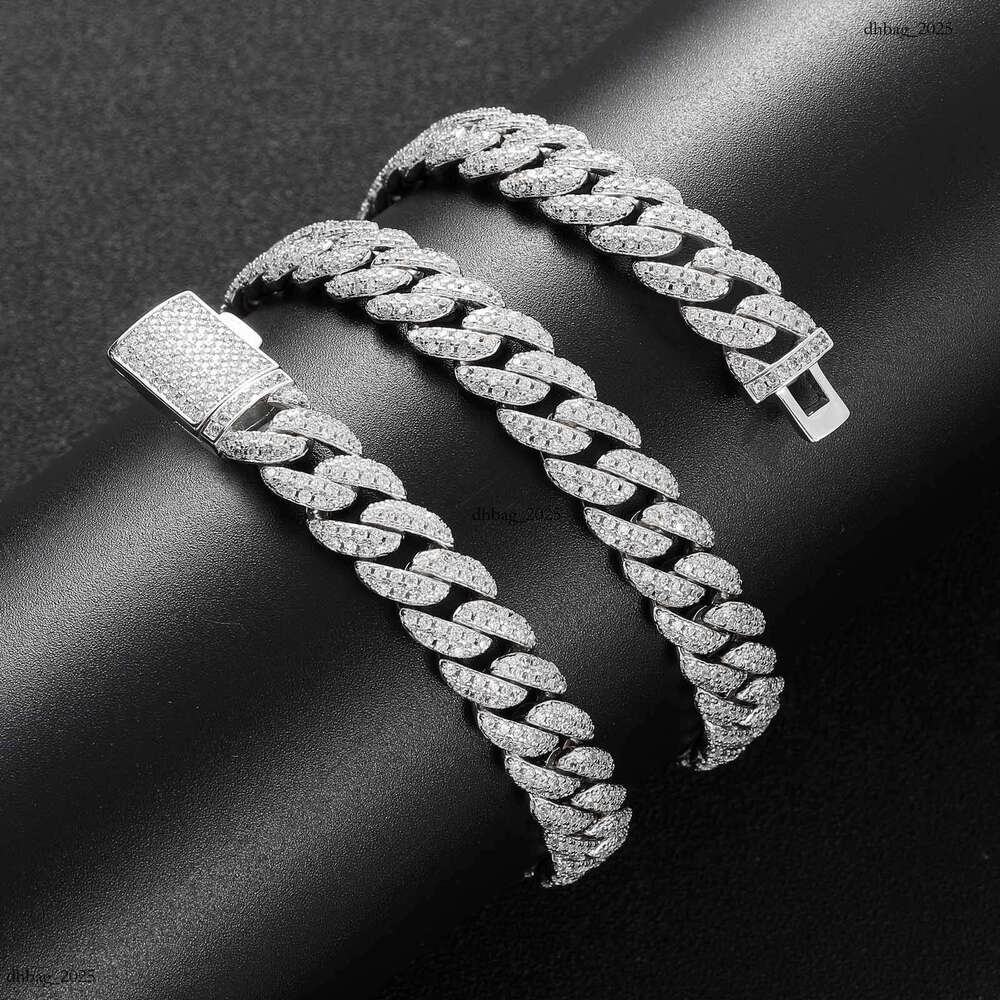 10mm Double Row Cuban Chain Sterling Sier Necklace with Moissanite Dia and Trendy Certificate