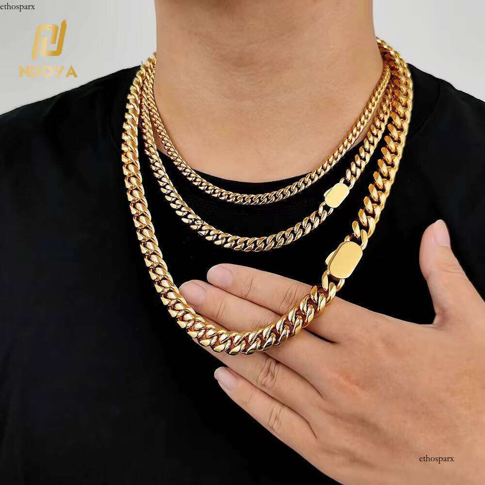 NUOYA High Quality 10mm Hip Hop Jewelry for Men Gold Plated Stainless Steel Cuban Link Chain Necklace