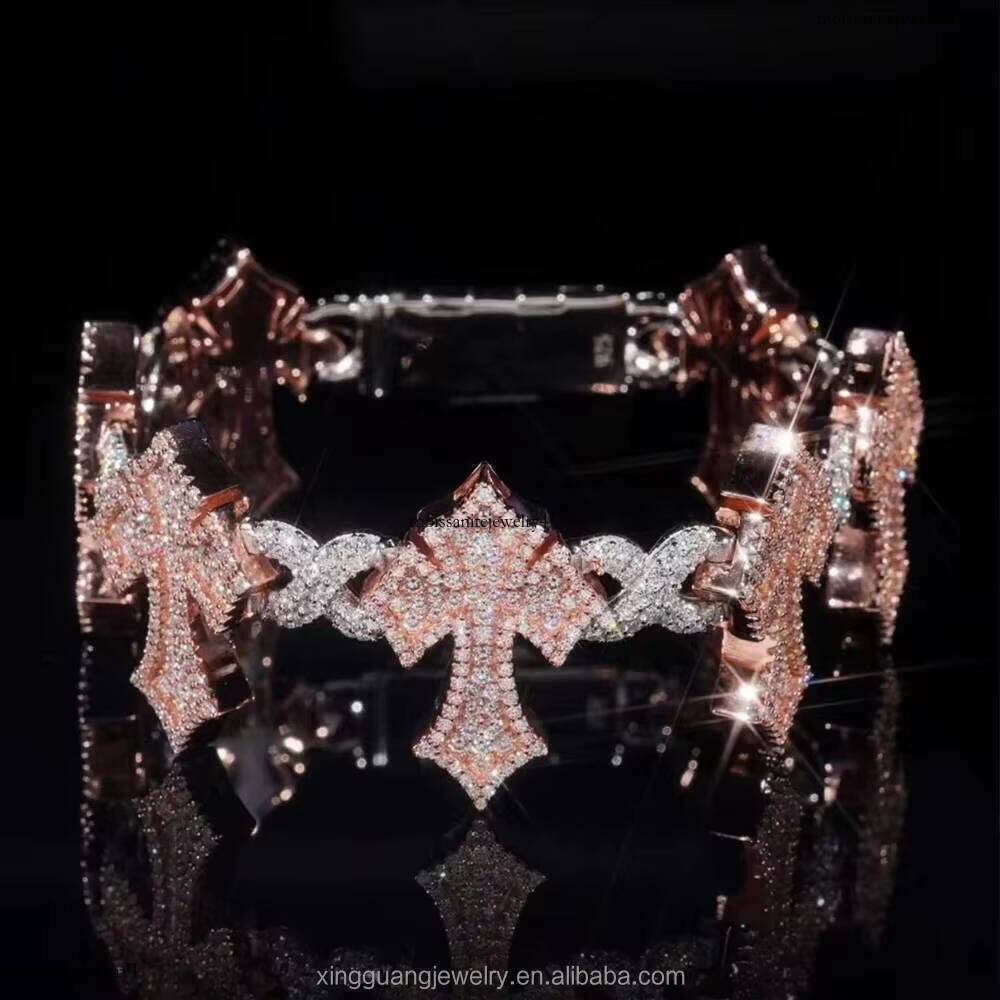 Wholesale Customization Dia Miami Cuban Hip Hop Fine Jewelry Bracelet VVS Moissanite S Sier Cross Chain Men