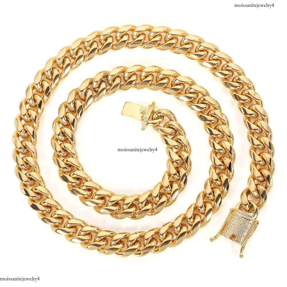 Wholesale 12mm Stainless Steel Cuban Link Chain with Gold Plated Dia Clasp Hip Hop Style Gift Necklace