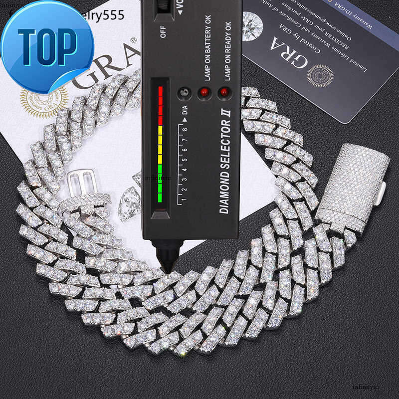Moissanite necklace cuban k chain 20mm 2 row full dia ice out vvs pass dias tester stainless steel plating hiphop jewelry bracelet necklaces with GRA 