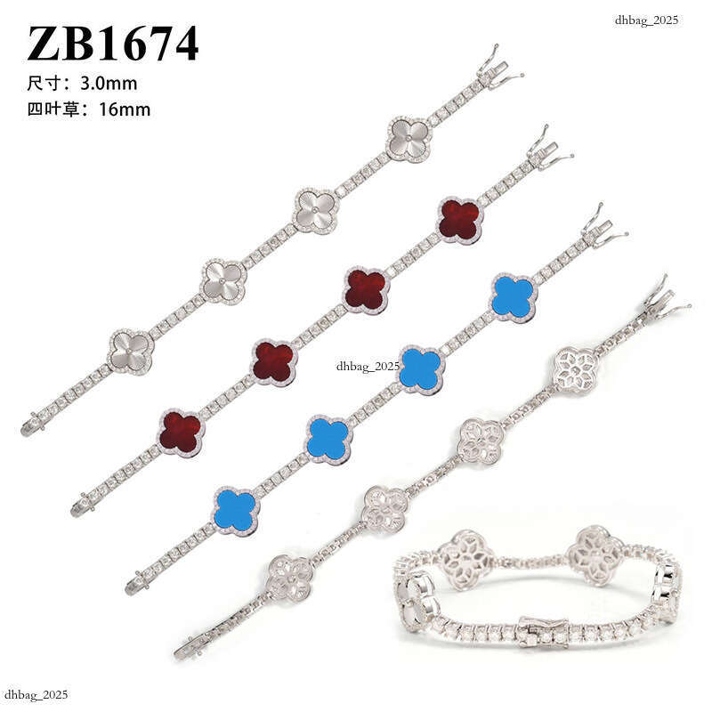 Four-Leaf Clover Moissanite Agate 3mm Single Stone Sier Plated Hip-Hop Bracelet 111