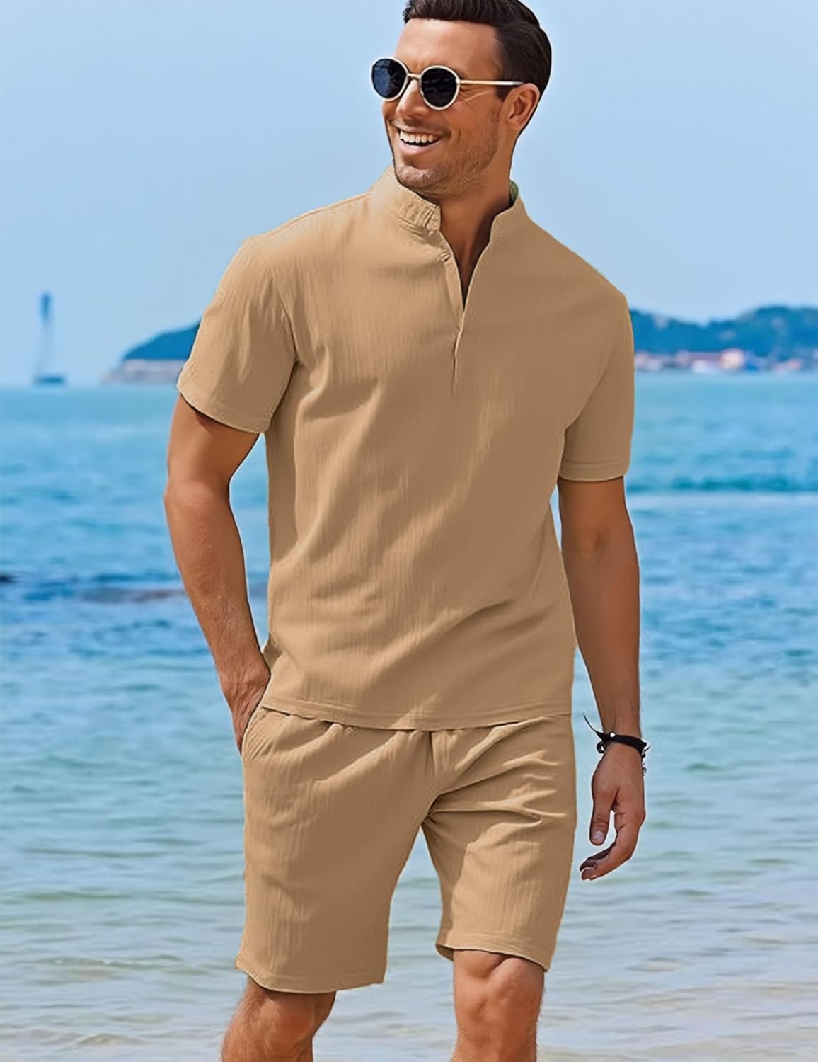 Men's Summer Beach Outfits 2 Piece Vintage Short Sleeve Henley Shirts and Shorts Vacation Texture Sets for Men