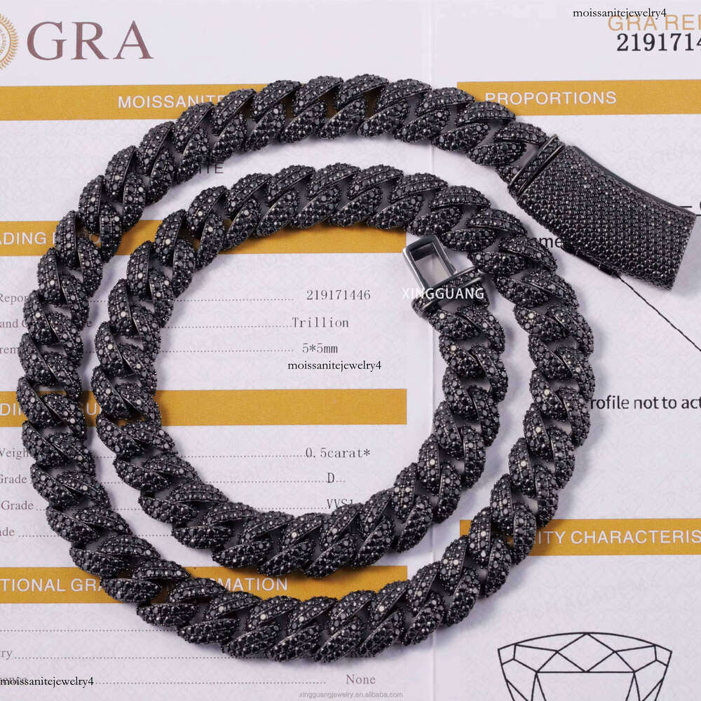 Pass Dia Tester 13mm Gold Plated Hip Hop Cuban Link Sier Full Iced Out Black Moissanite Chains Necklace