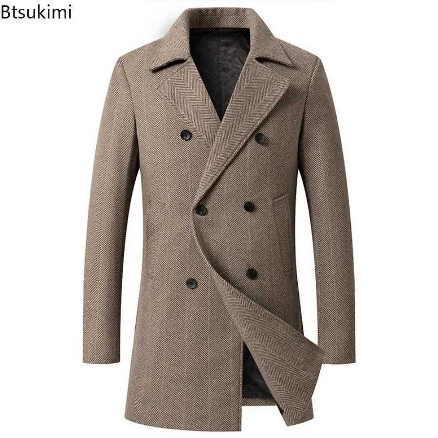 2025 New Mens Double Breasted Wool Coat Simple Mid-length Trench Men Business Casual Woolen Jacket Male Warm Windbreak Overcoat XJ250809