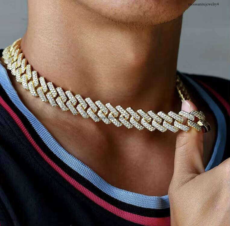 Wonderful Detail Sier Bling Jewelry 13mm 15mm 18mm Free Fire Moissanite Dia 2row Hip Hop Cuban Link