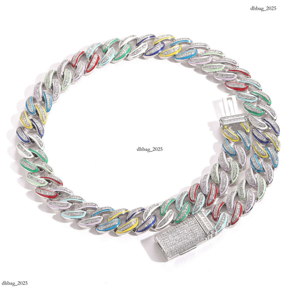 Hip-Hop Meisa New 15mm Colorful Enamel Cuban Chain High-End Sterling Silver Inlaid Moissanite chain Trendy Niche Jewelry
