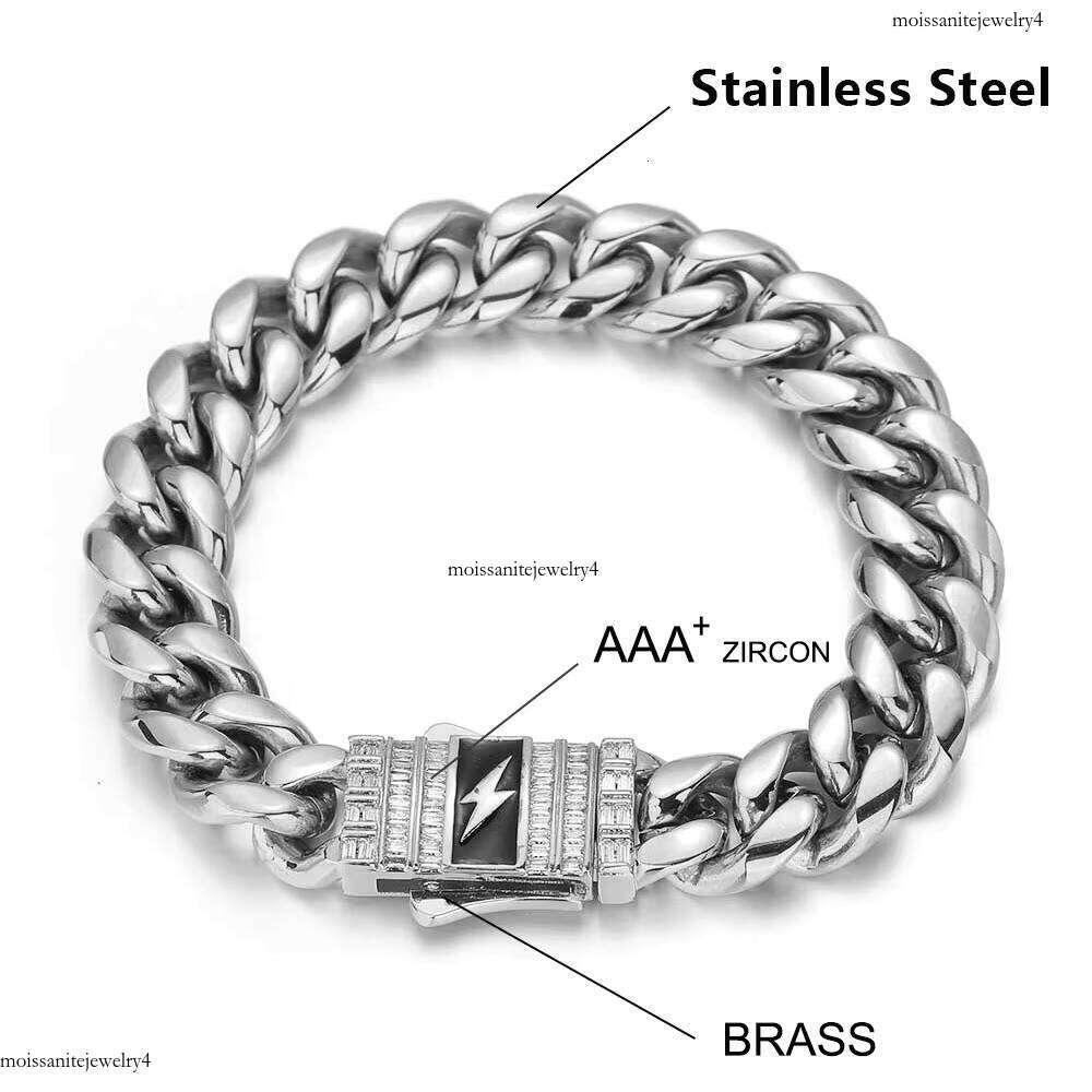 Men's Miami Hip Hop Cuban Bracelet Stainless Steel with Gold Plated Baguette Lighting Clasp Fine Jewelry in Bracelets