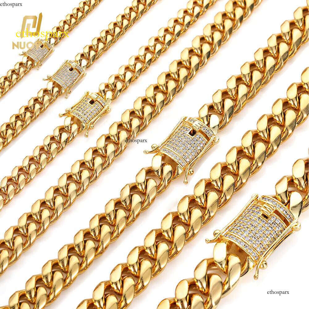 Hip Hop 8MM Mens Miami Stainless Steel Chain Iced Out Gold Plated Cuban Necklace