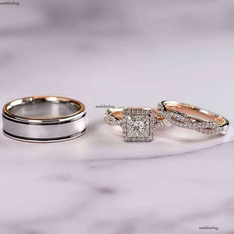 2025 Top Sell 3PCS Wedding Rings Vintage Jewelry Sterling Sier Rose Gold Fill Princess Cut White 5A Cubic Zircon CZ Dia Party Women Bride Couple Ring 