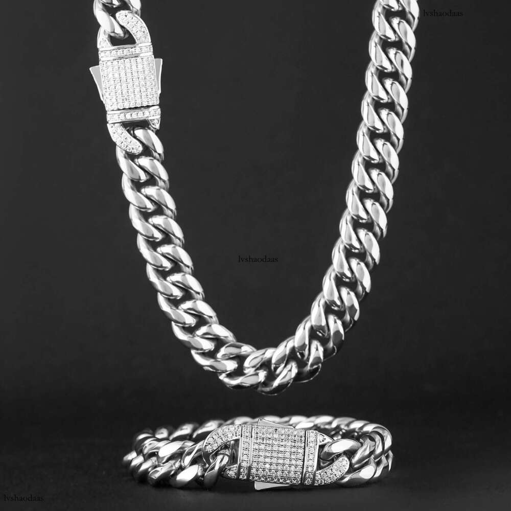 6mm-14mm Stainless Cuban Chain Titanium Steel Micro Paved Moissanite chain Spring Clasp Trendy Hip Hop Necklace