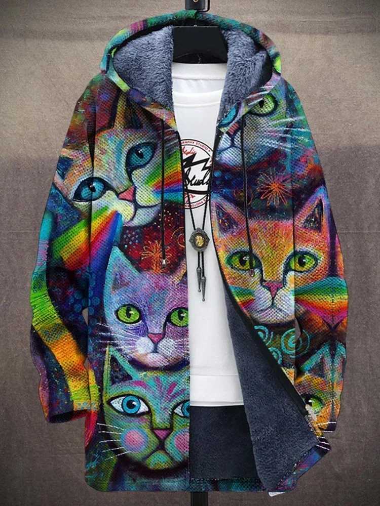 Men Cardigans Coats Cozy Art Cats Kitty Graphics Printed Mid Fleece Plush Thick Winter Casual Streetwear Unisex Clothing W250809