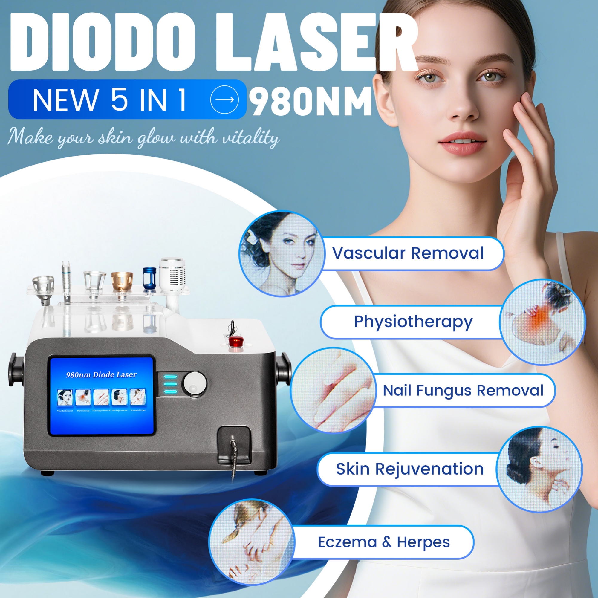 980nm Diode Laser 5 In 1 Machine For Spider Vein Removal Nail Fungus Therapy Eczema Treatment Skin Rejuvenation With Cold Hammer