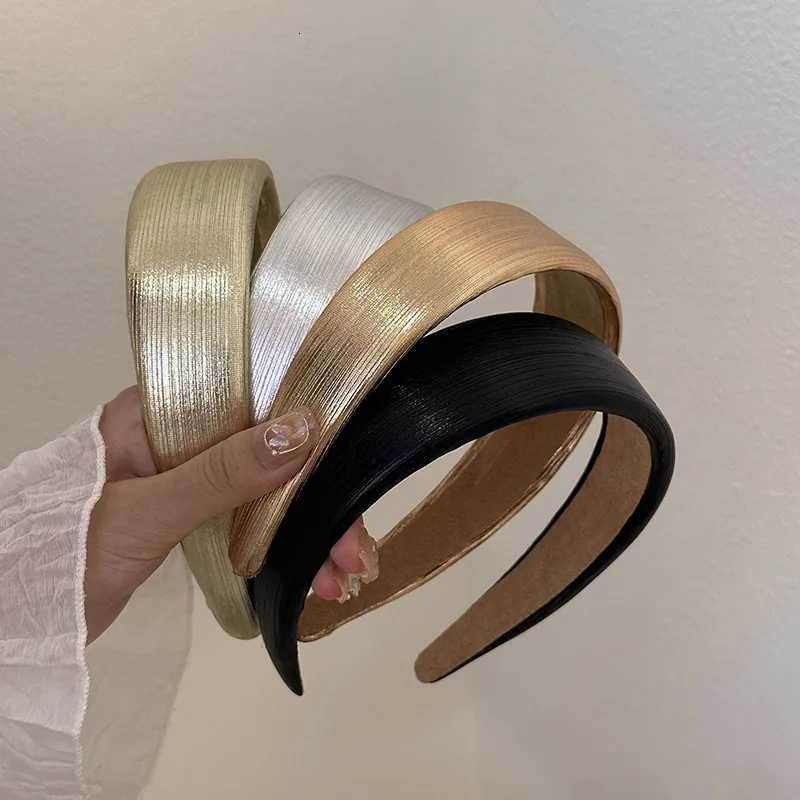 Korean Style Wide Leather Handbags Shiny Gold Silver Pu Bands Fashion Plain Sponge Hair Hoop Wen Hair Clip Retro Hair Accessories Y250809