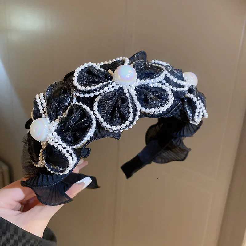 Pearl Weave Mesh Wide Brimmed Handbags for Women Light Luxurious Temperament Large Band Charms Hair Accessories Y250809