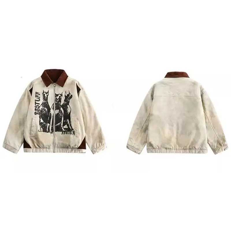 Korean Lapel Zipper Varsity Jacket Niche Printed Overcoat Men Women American Style 2024 New Fashion Unisex Retro Cityboy Jackets W250809