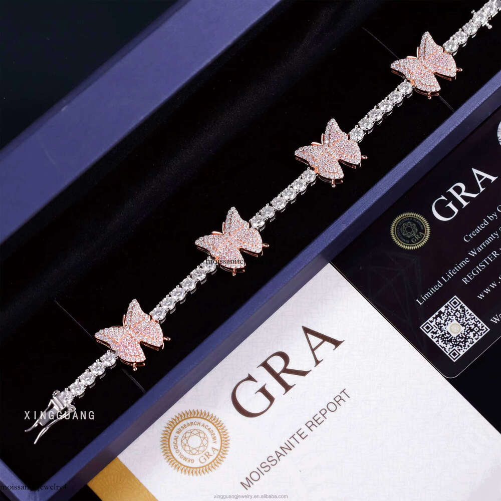 Hip Hop Jewelry Butterfly Bracelet Gold Plated S Sier Chain Iced Out VVS Moissanite Dia Tennis Bracelets