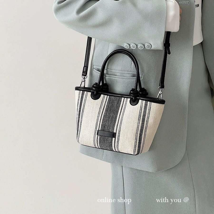 Linen Black and White Striped Handheld Tote for Women 2025 New Korean Style Niche Design Single Shoulder Crossbody Bag
