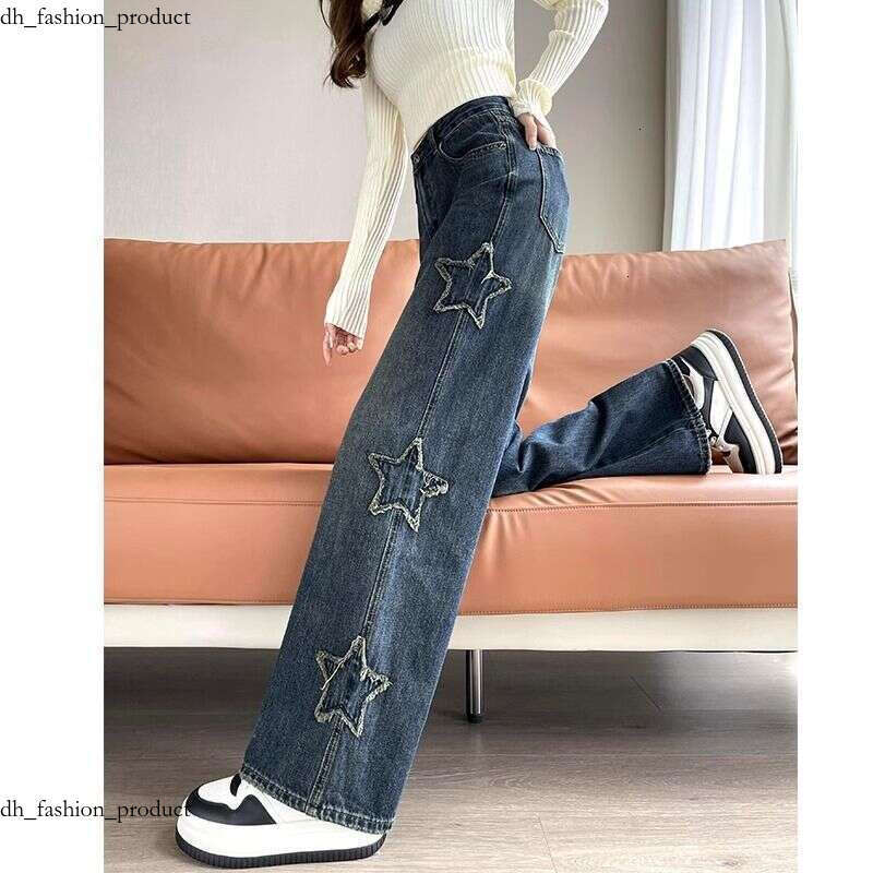 Designed Slimming Jeans for Women, Spring and Autumn Hot-Selling High-Waisted Frayed Edge Star Narrow Version Petite Straight Wide-Leg Pants e46