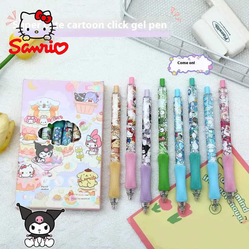 Sanrio 8Pcs Kawaii Sanrio Gel Pen Cartoon Hello Kitty Kuromi Cinnamoroll Melody Press 0.5 Black Pens Student Stationery School Supplies w250809