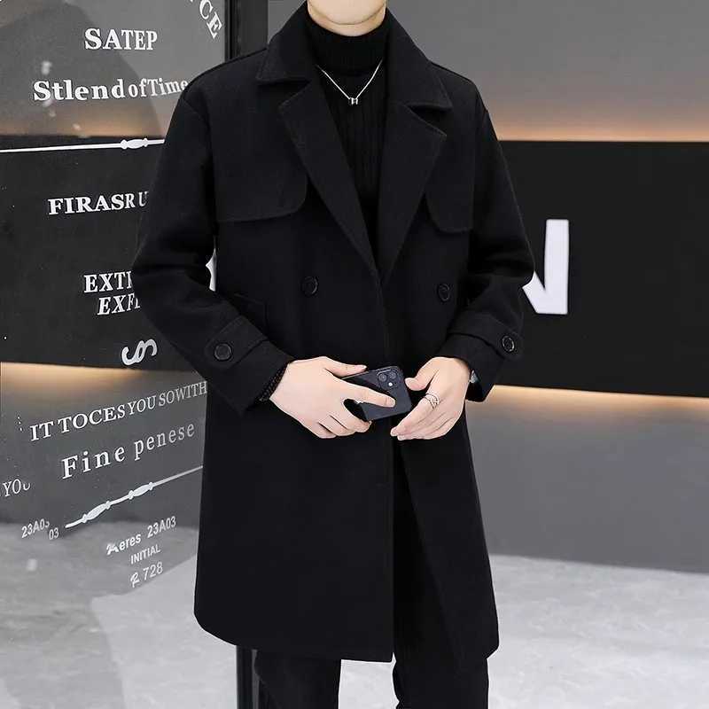 2024 Korean Fashion Winter Long Jacket Trench Coat Wool Coat Mens Harajuku Vintage Black Luxury Casual Windbreakers 5XL XJ250809