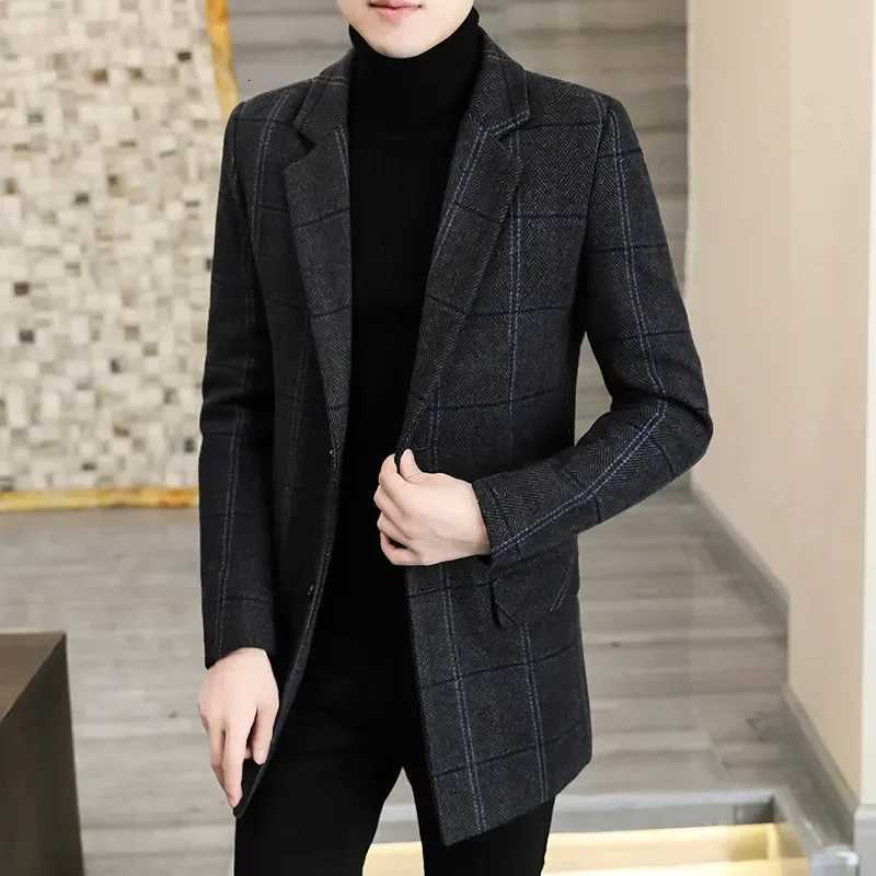 Mens Casual Woolen Coat Autumn Winter Mid-Long Plaid Cotton Wool Blends Coats Business Outerwear Overcoat Thick Warm Windbreaker XJ250809