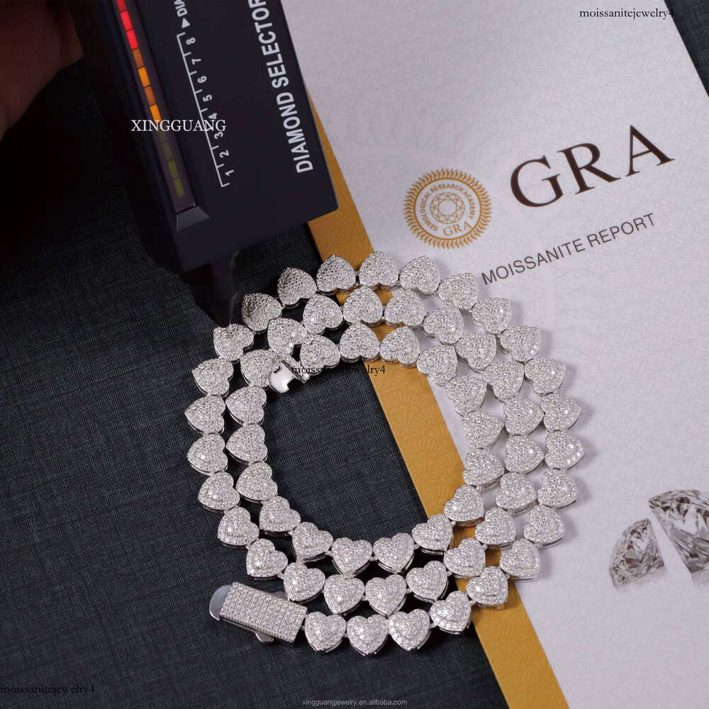 GRA Pass Tester Necklace 10mm S Sier VVS Moissanite iced out Dia Heart Shape Cuban Link Chain