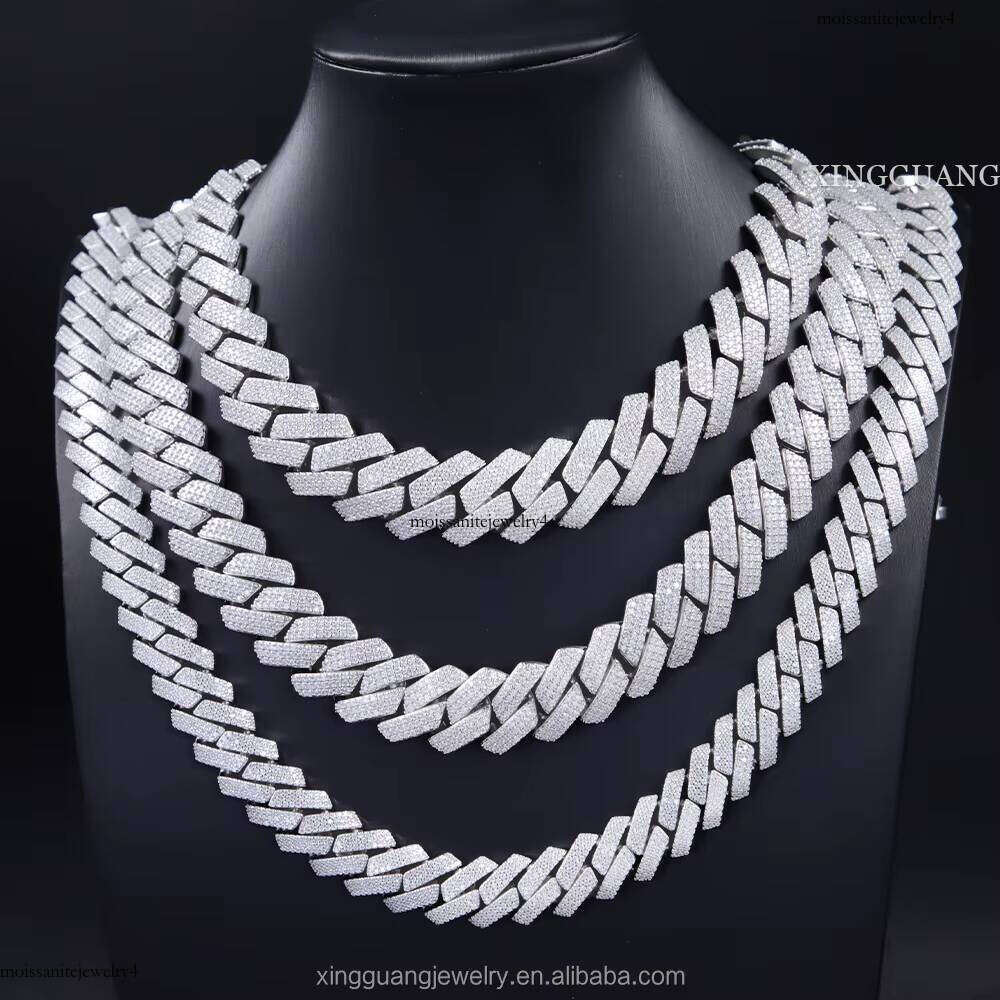 RTS Iced Out 20 mm 3 Rows Hip Hop Moissanite Cuban Chian Sterling Sier Gold Plate Fine Jewelry Necklaces