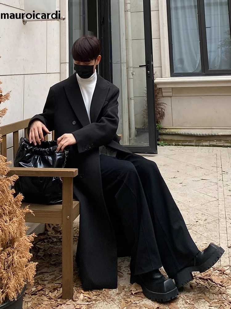 Mauroicardi Autumn Winter Long Warm Coffee Black Soft Woolen Coat Men Double Breasted Loose Casual Wool Blends Overcoat 2023 XJ250809