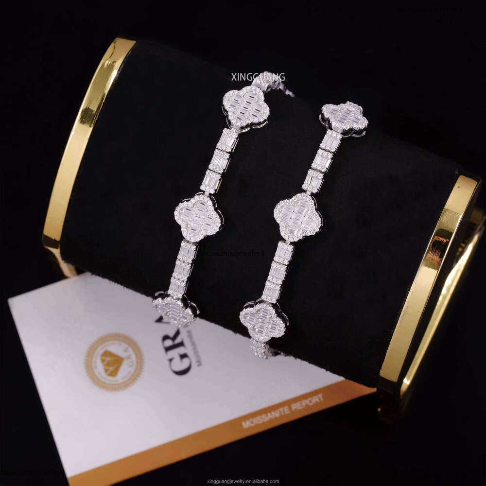 Fashion Baguette Cut Moissanite Clover 12mm Wide Hip Hop For Man Women S VVS Dia CloverTennis Bracelet