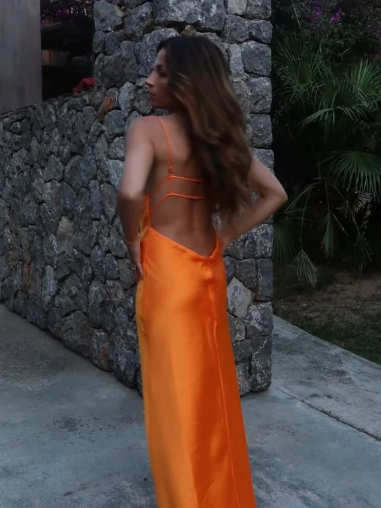 Orange Satin Lace Up Sling Long Dresse Fashion V Neck Backless Sleeveless Maxi Robe Summer Female Evening Party Club Gown 250804