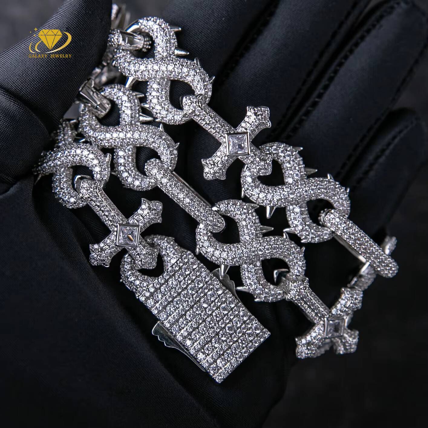 Hip Hop Mens Jewelry Micro Pave 925 Silver Infinity Spike Cross 15mm Iced Out Moissanite Diamond Cuban Link Chain Necklace