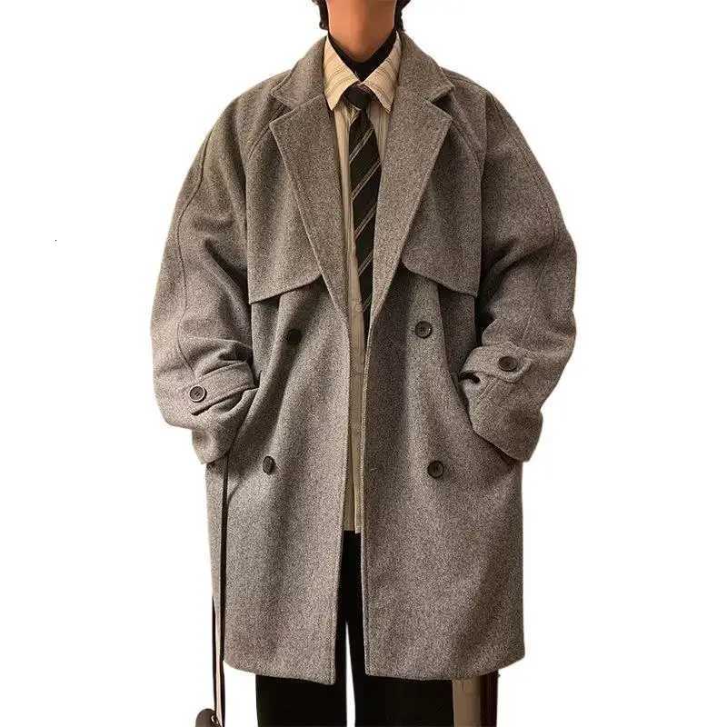OIMG New Autumn Winter Double Breasted Woolen Coat Medium to Long Mens Woolen Windbreaker Loose Long Coat XJ250809