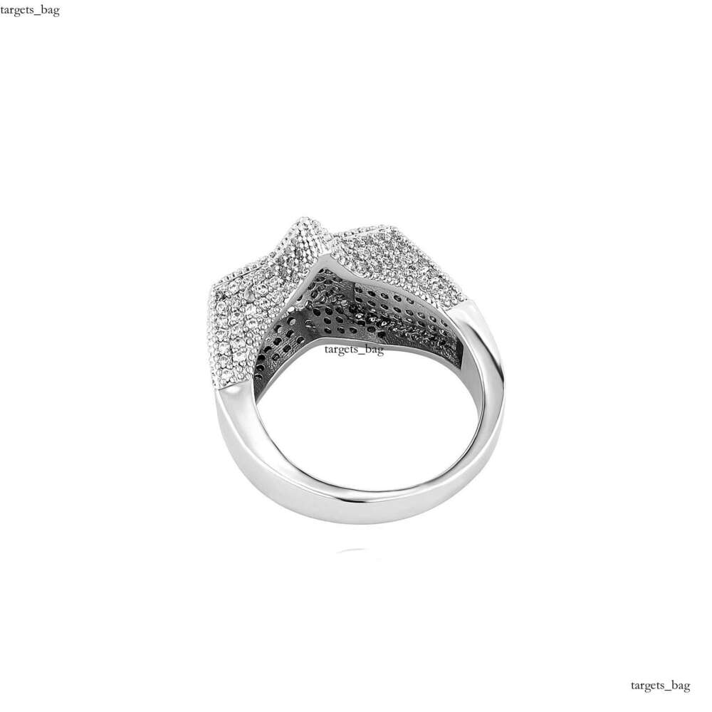 Hip Hop Full Diamond Pentagram Sterling Silver Gold Plated Street Style Personality Fashion Trendy Men's Versatile Ring
