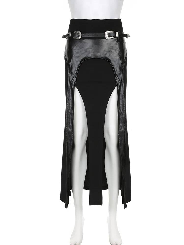 2025 Summer New Women's Fashion PU Belt with Long Skirt Women's Gothic Street Wear High Waist DC Su Split Skirt fashion Women's Sexy Se