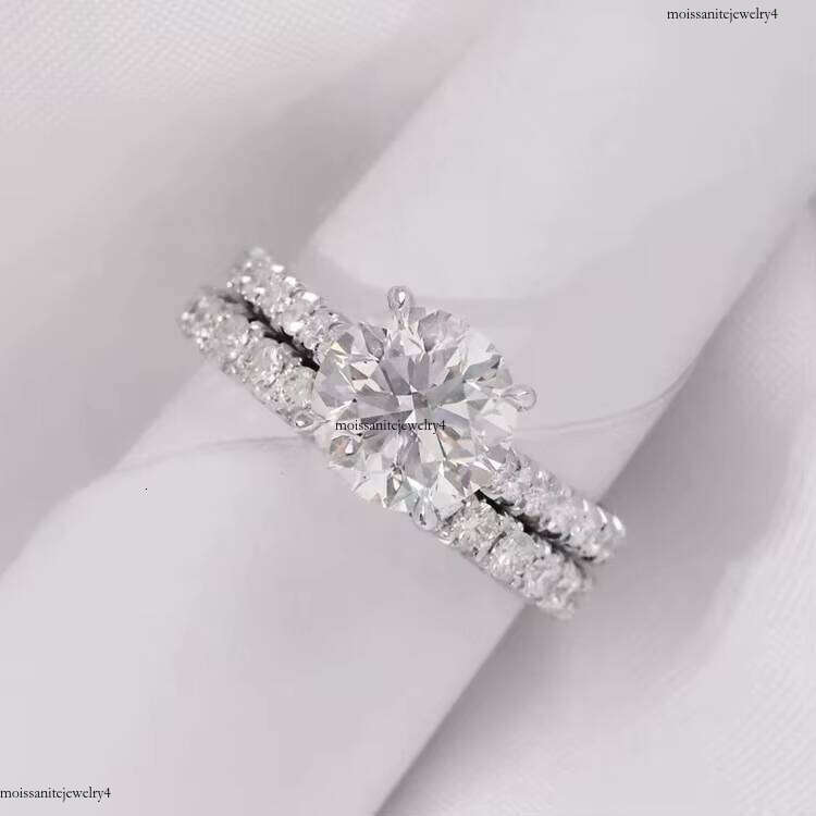 Customized 2CT Round Moissanite Dia Hidden Halo 14K White Gold Wedding Rings and Bands Jewelry Set