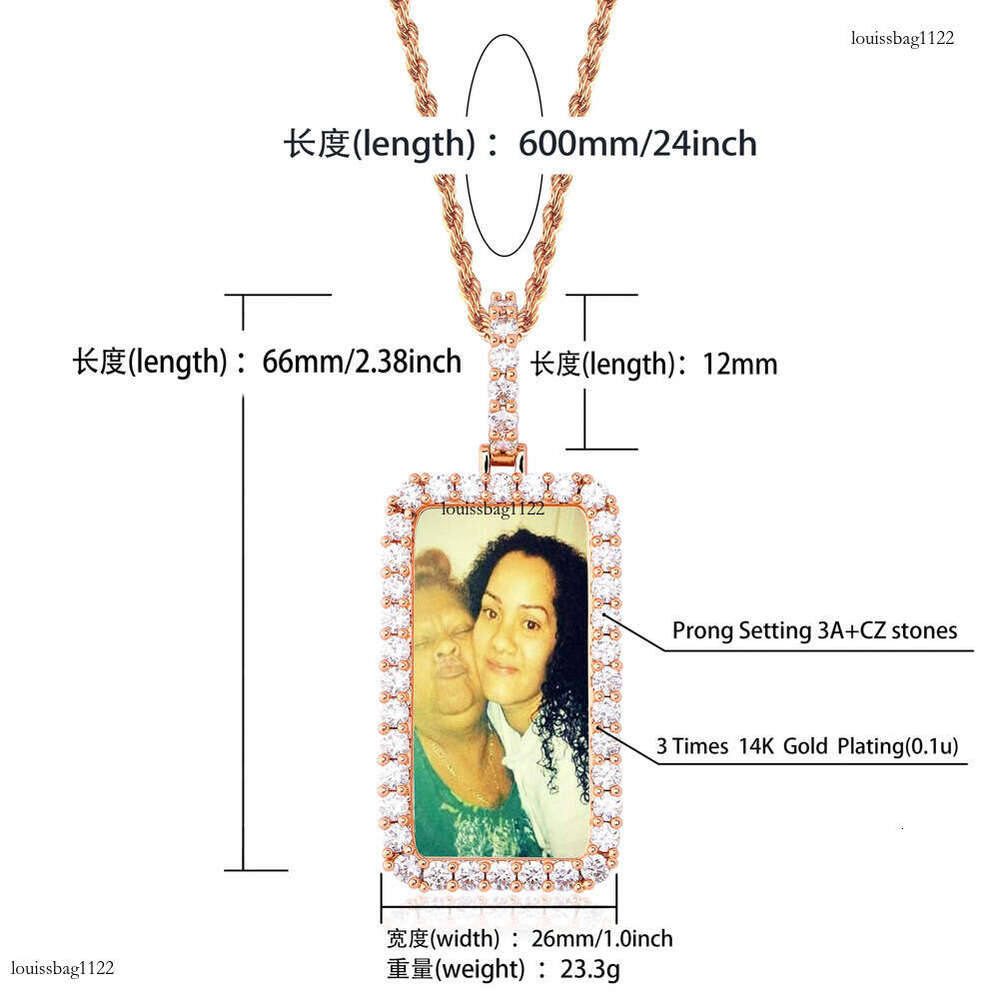 Trendy Double Row Inlaid Moissanite chain Square Frame Pendant Personality Hip-Hop Style Photo Memory Medal Necklace Jewelry