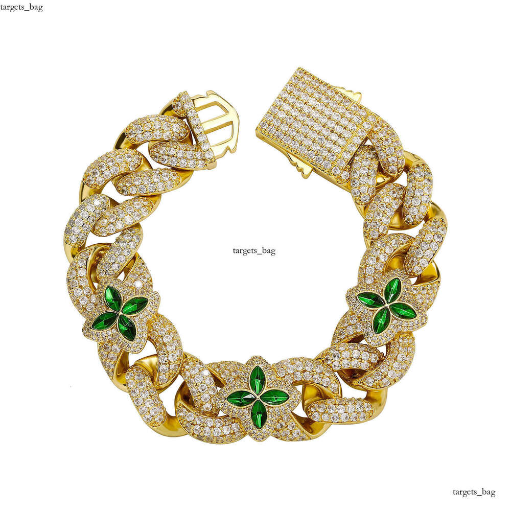 Hip Hop 20mm Four-Leaf Clover Green Personality Cuban Chain Spring Buckle Men's Bracelet