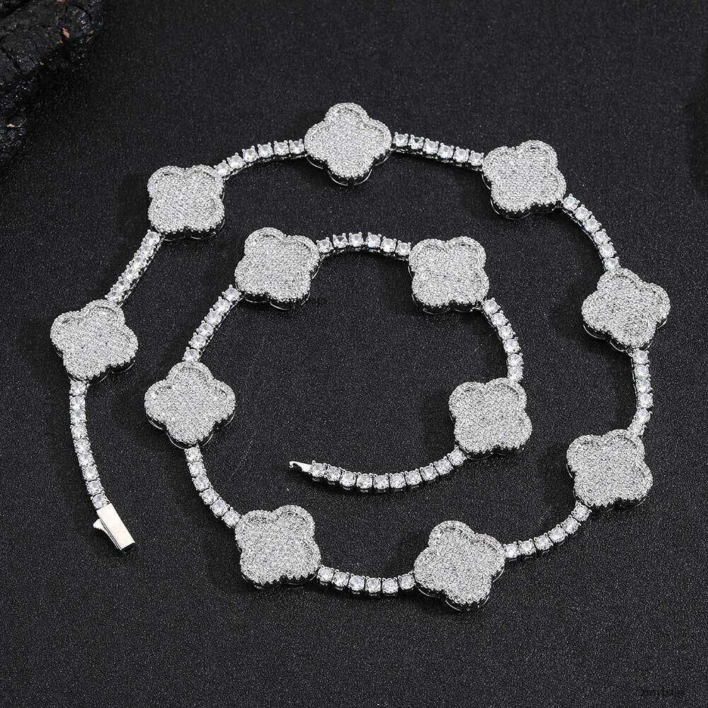 Hip Hop Spring Buckle Four-Leaf Clover Tennis Chain Moissanite chain High-End Versatile Men's Necklace