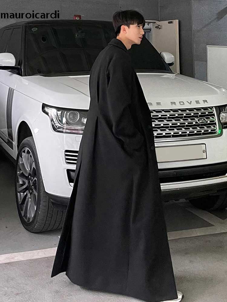 Mauroicardi Autumn Winter Extra Long Warm Black Loose Casual Wool Blends Coat Men Luxury Floor Length Overcoat Korean Fashion XJ250809
