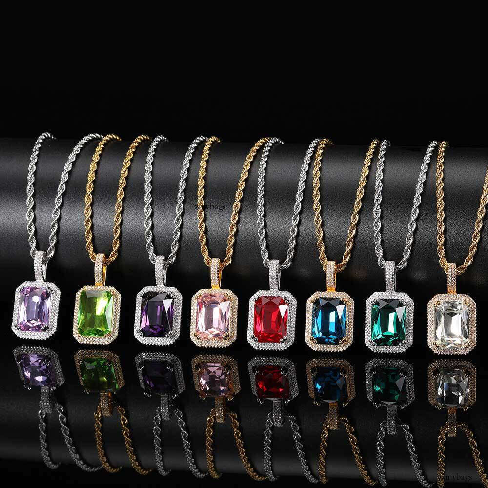 Hip-Hop Solid Square Colorful Trendy Brand Personality Micro-Inlaid Moissanite chain Men's Pendant Necklace