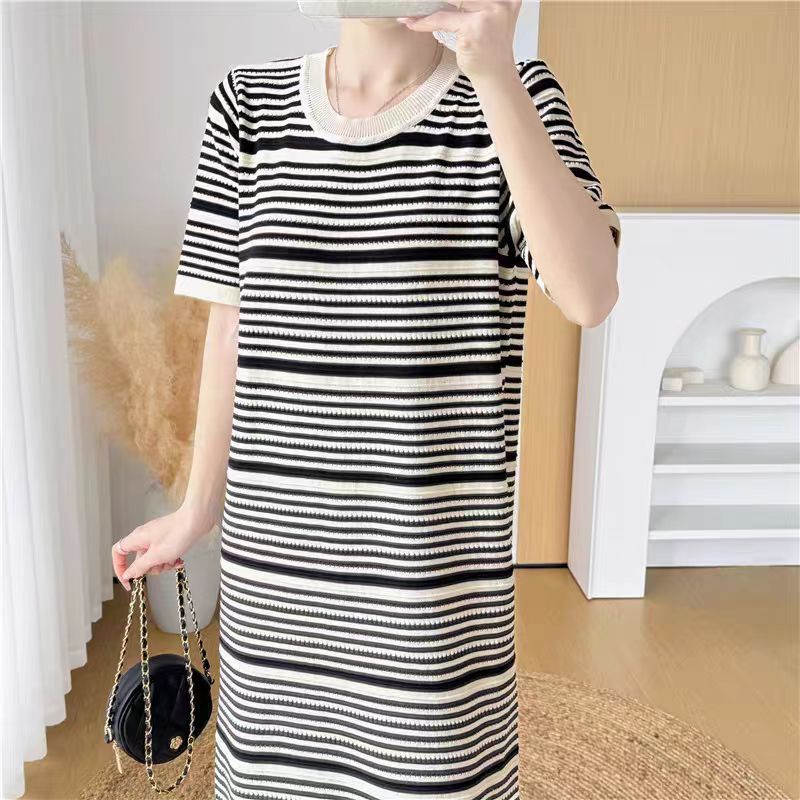T2305 French style striped knitted dress for women 2024 summer new loose casual short-sleeved mid-length dress for women