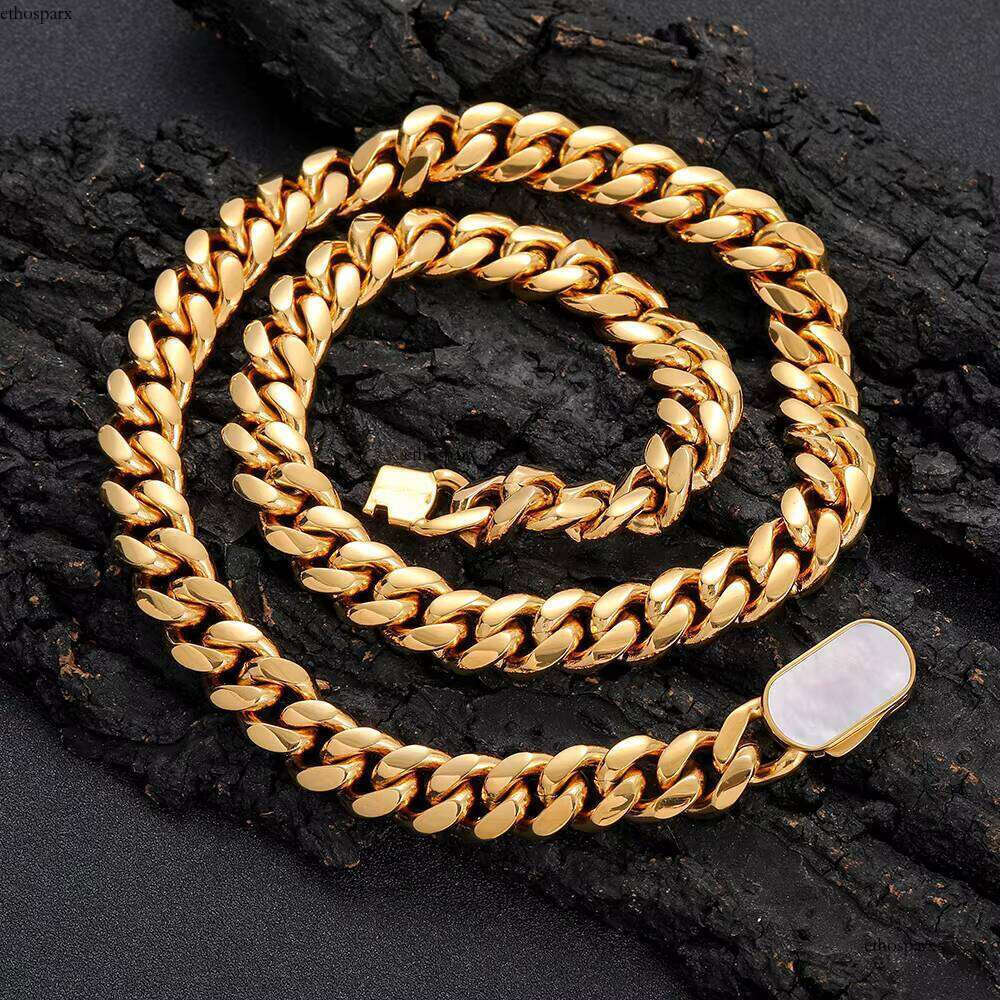 New Style 8mm 12mm Cuban Link Pave Shell Clasp Gold Plated Stainless Steel Chain Necklace