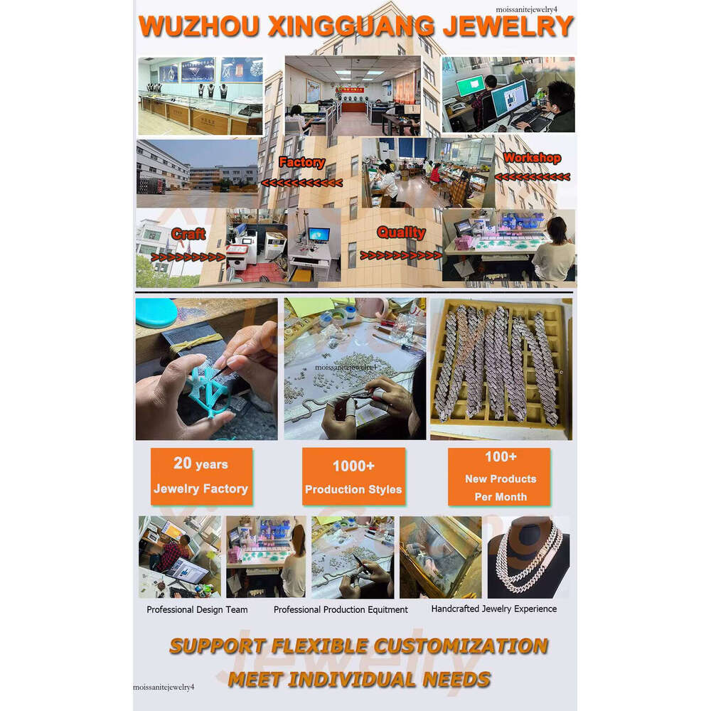 XingGuang 13mm 15mm 20mm Hip Hop Iced Out Necklace 100% Pass Dia Test Vvs Moissanite Sier Cuban Link Chain
